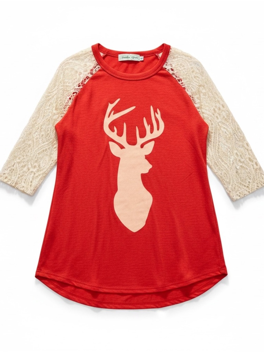 Southern Grace red & cream lace 3/4 raglan sleeves gold glitter deer graphic